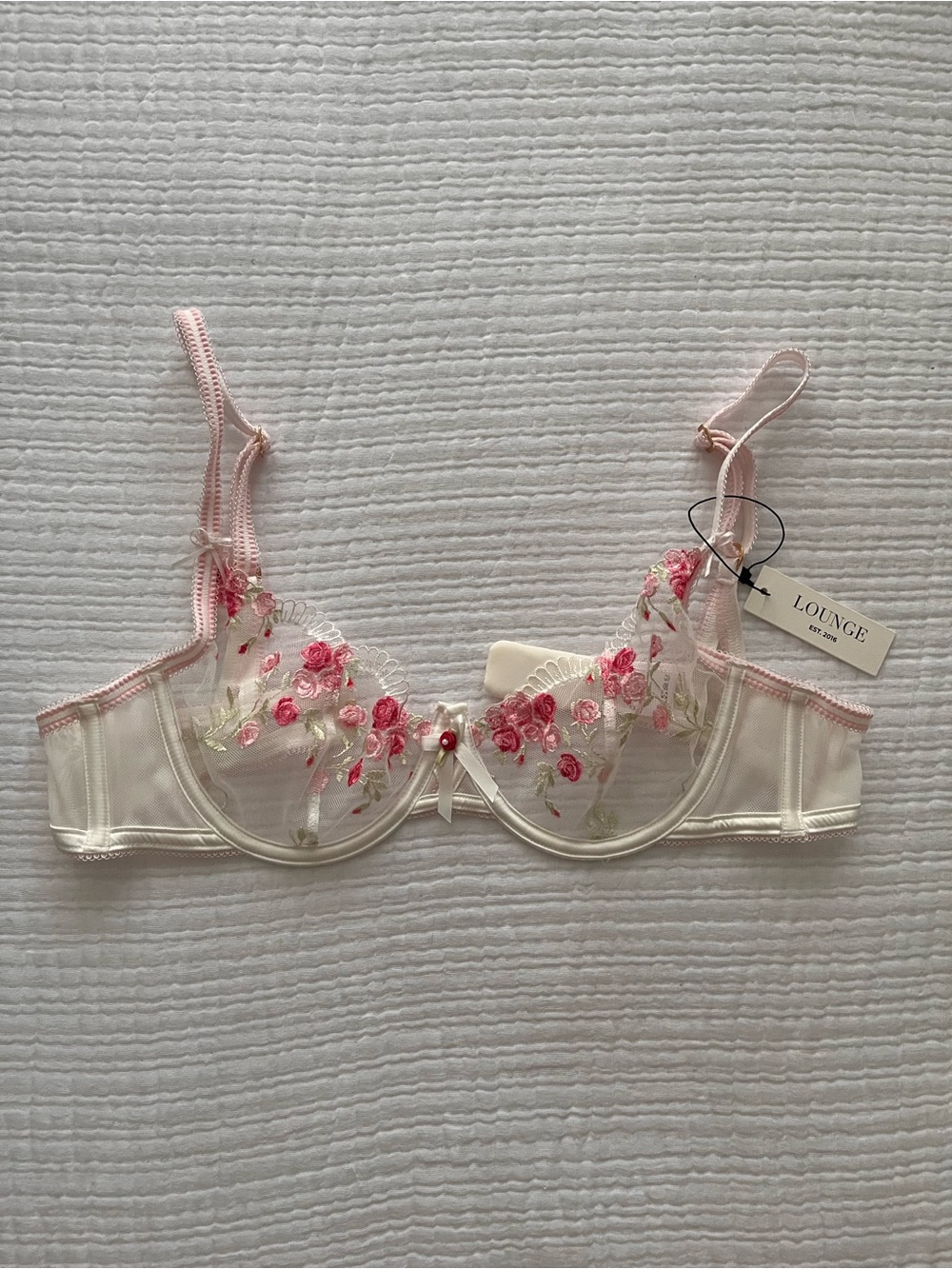 Lounge Unlined Balconette Bra with Pink Rose Embroidery